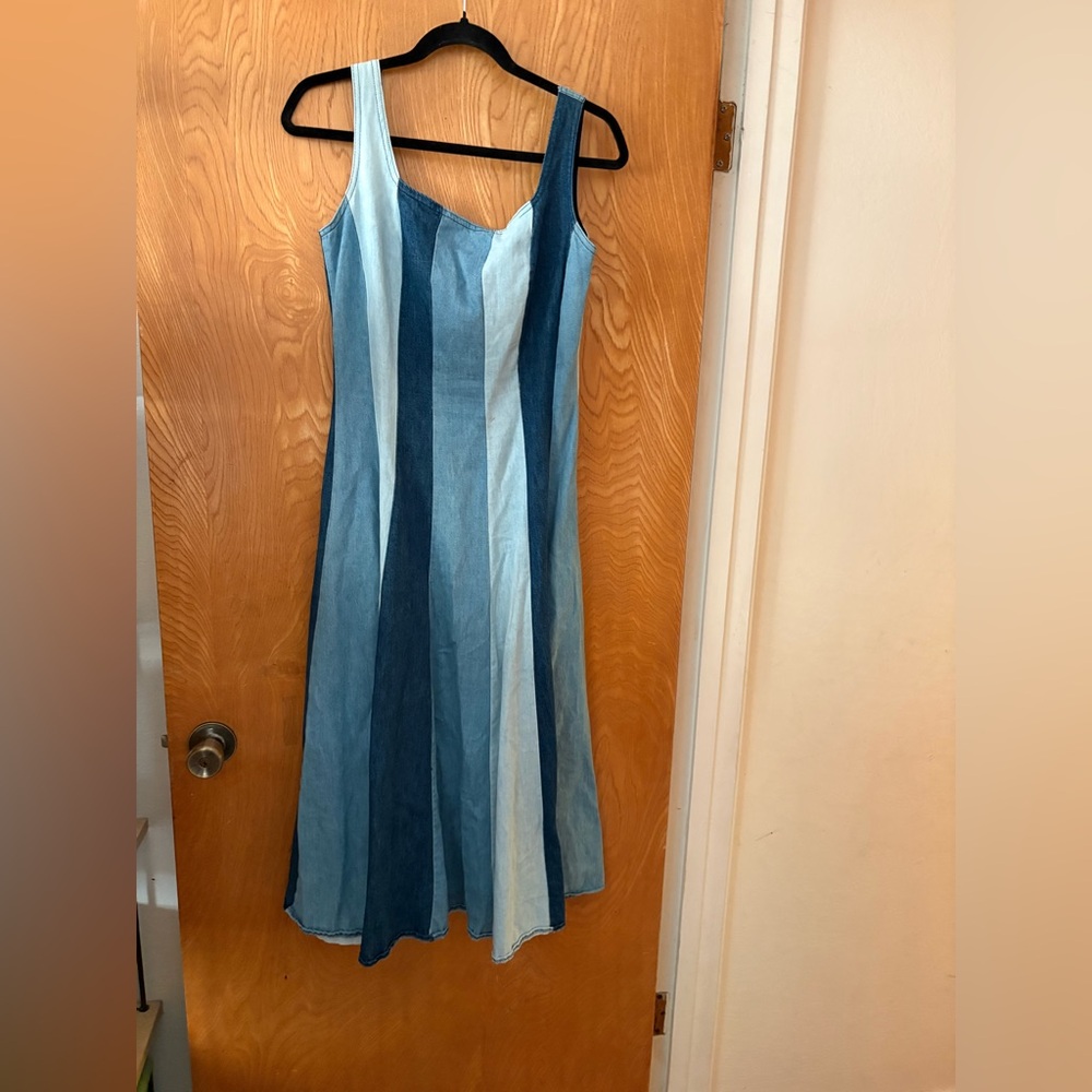 Anthropologie x Farm Rio Blue and White denim color blocked Midi Dress S - Picture 2 of 13